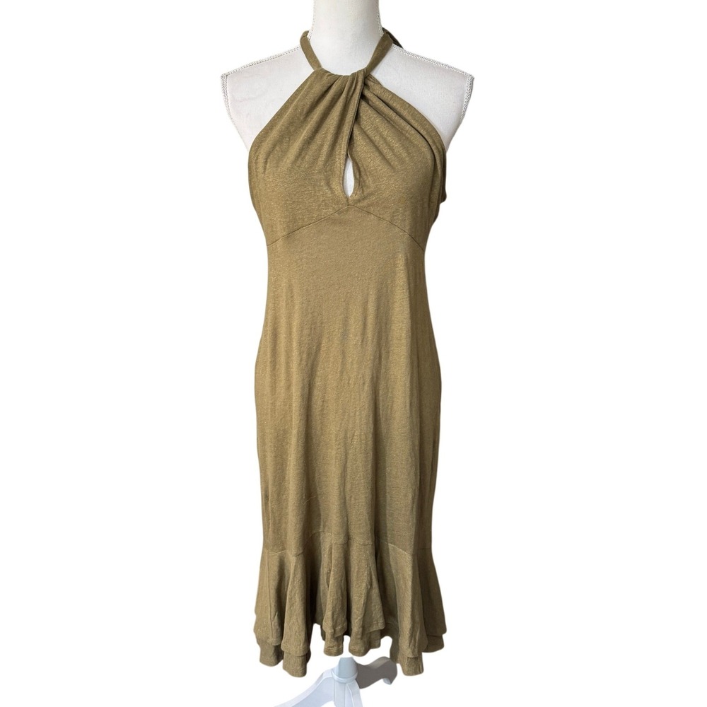 Lauren Ralph Lauren Olive Gold Shimmer Linen Blend Halter Dress Small Petite EUC